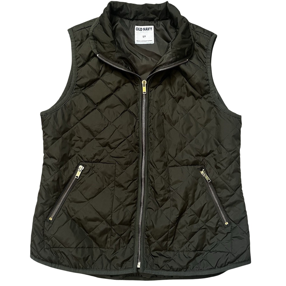 Old Navy Army Green Sleeveless Quilted‎ Vest Women's Small Gold Colored Zippers